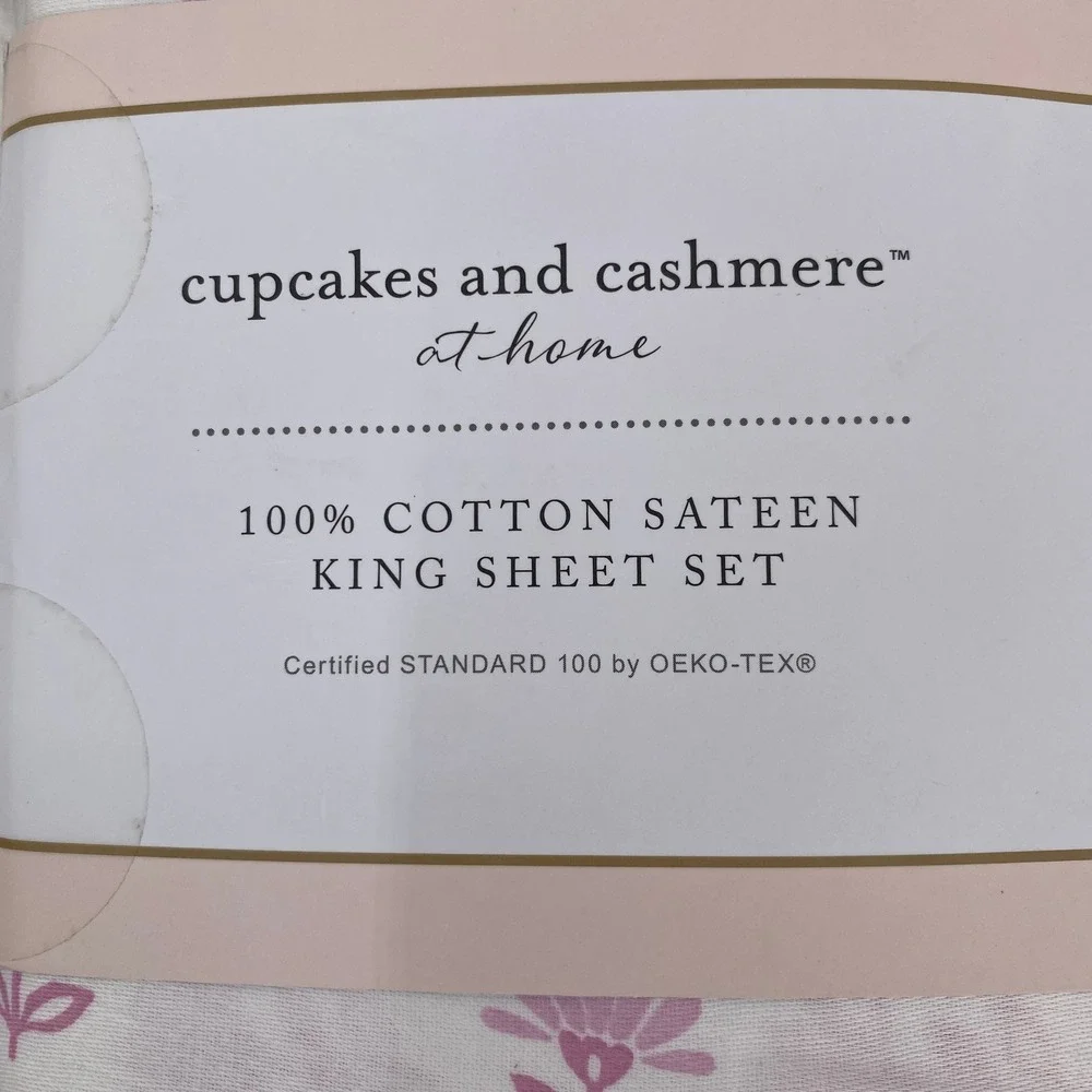Cupcakes and Cashmere Sheet Set King White Pink Floral 100% Cotton Sateen 4pc